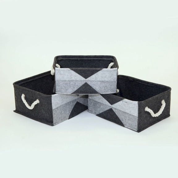 Set Of 3 Black And Gray Fabric With Rope Handles Baskets