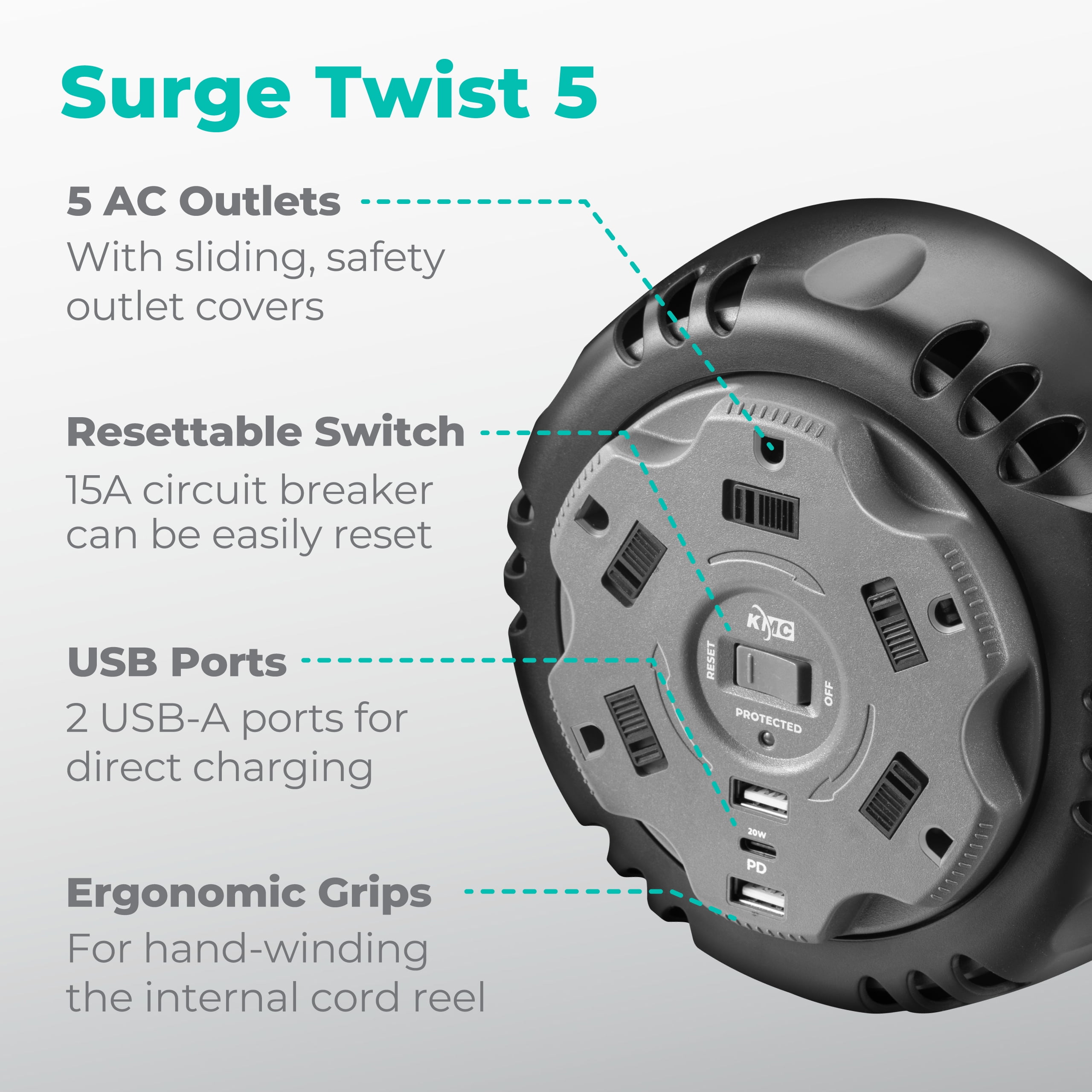 KMC Surge Twist Cord Reel Surge Protector Power Strip, 5-Outlets, USB-C PD, Flat Plug, 8 ft Extension Cord, Black