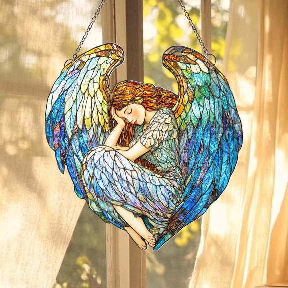 Sleeping Angel Suncatcher: Blue Acrylic Window Hanging