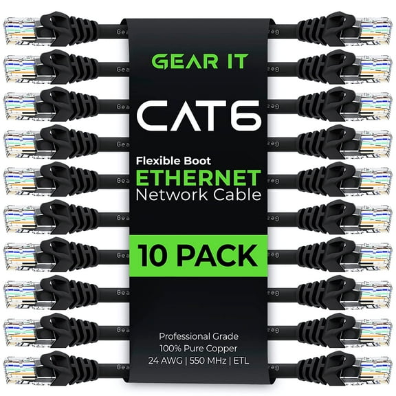 GearIT Cat6 Patch Cables Snagless Flexible Soft Tab Ethernet Cables, Black 0.5ft 10-Pack