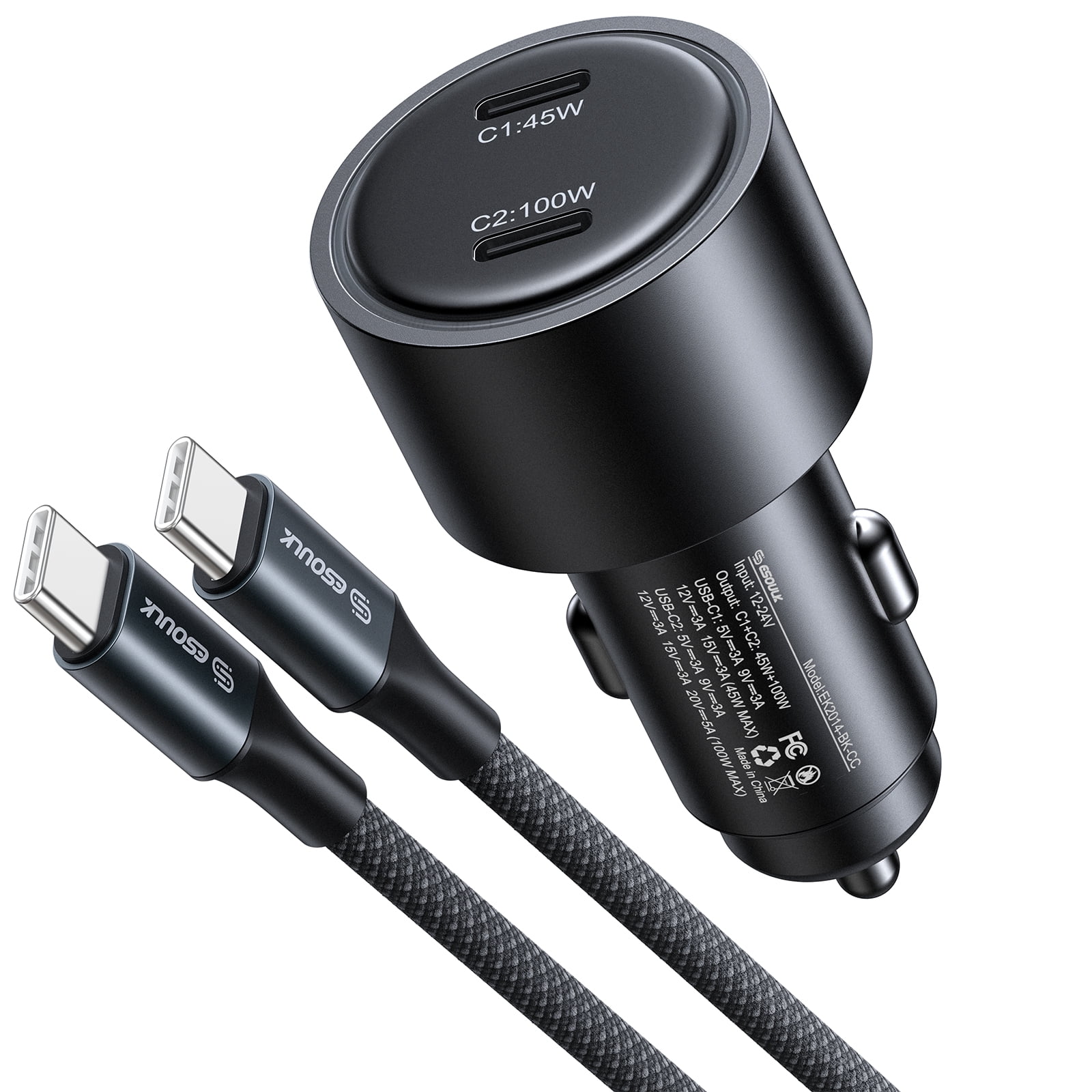 Esoulk 145W Fast Charging Car Charger For Macbook, Laptop, Tablet, Samsung S26 Ultra iPhone 17 Pro Max with 6' 100W USB-C