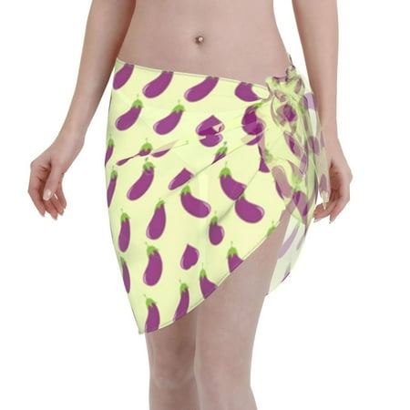 Womens Purple Eggplant Pattern Coverups Beach Short Sarong Sheer Chiffon Cover Up Bikini Wraps