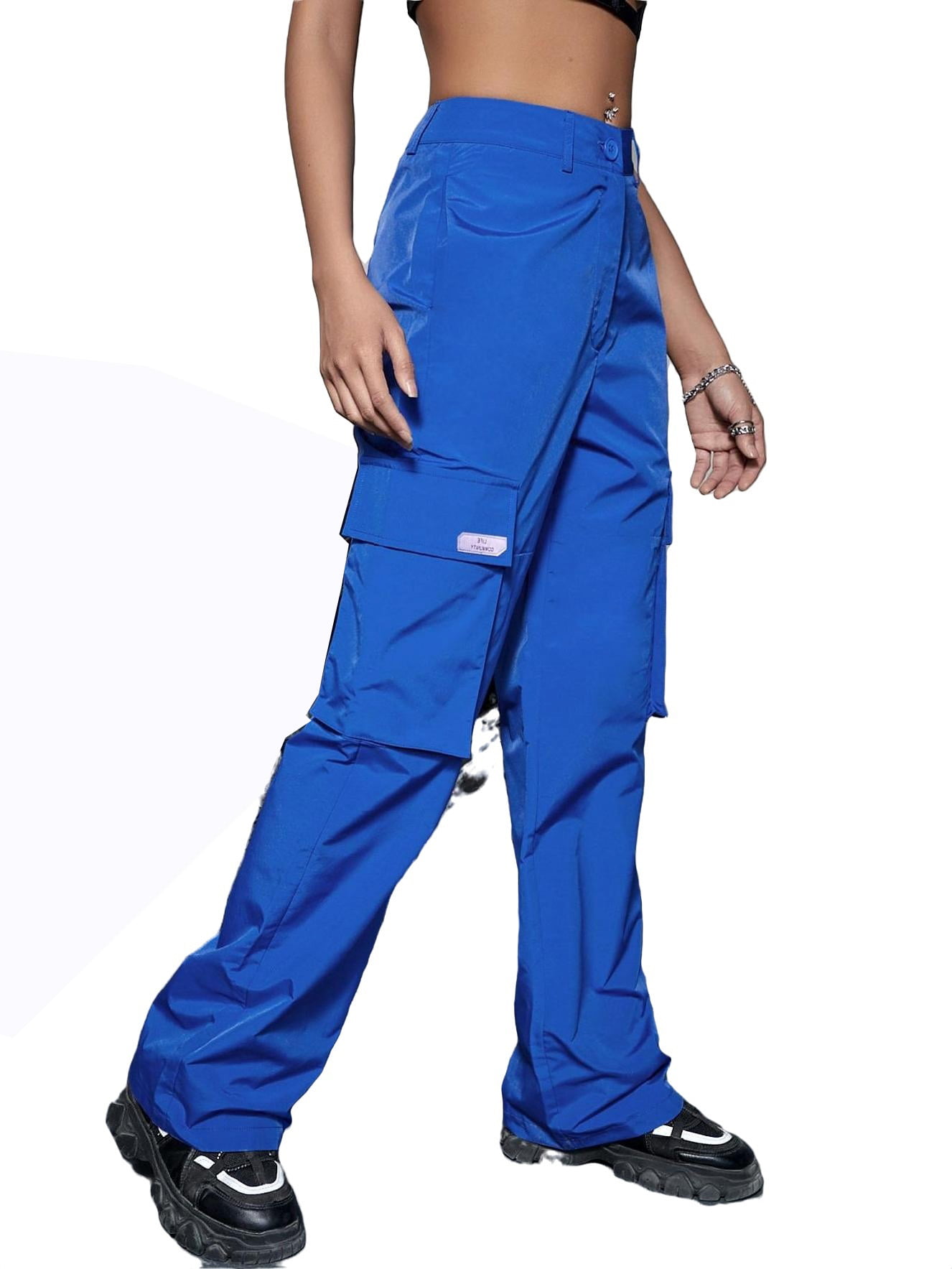 Women's Pants Solid High Waist Cargo Pants Royal Blue L