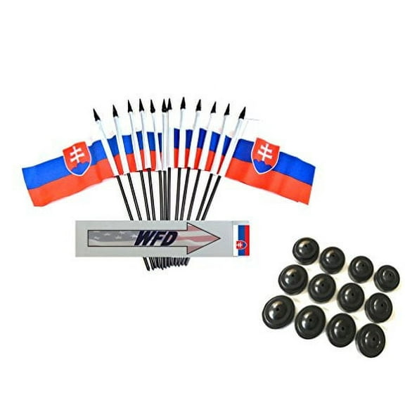 Pack of 12 4"x6" Slovakia Polyester Miniature Office Desk & Little Table Flags, 1 Dozen 4x6 Slovakian Small Mini Handheld Waving Stick Flags with 12 Flag Bases (Stands)