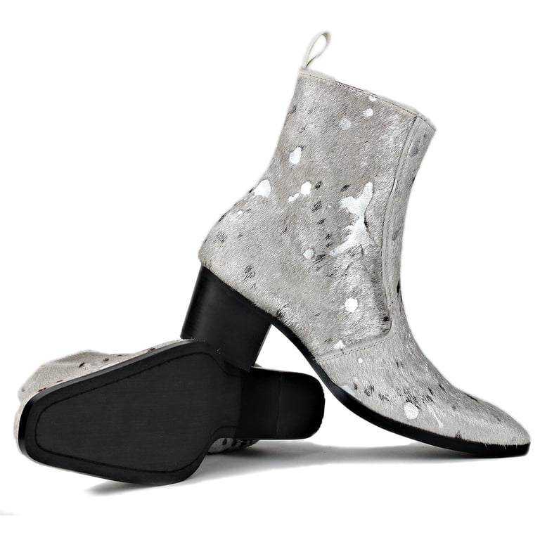 OSSTONE Men\'s Chelsea Leather Pony Hair Leopard Ankle Boots, Size 7.5, In Silver OSSTONE Men main image 3