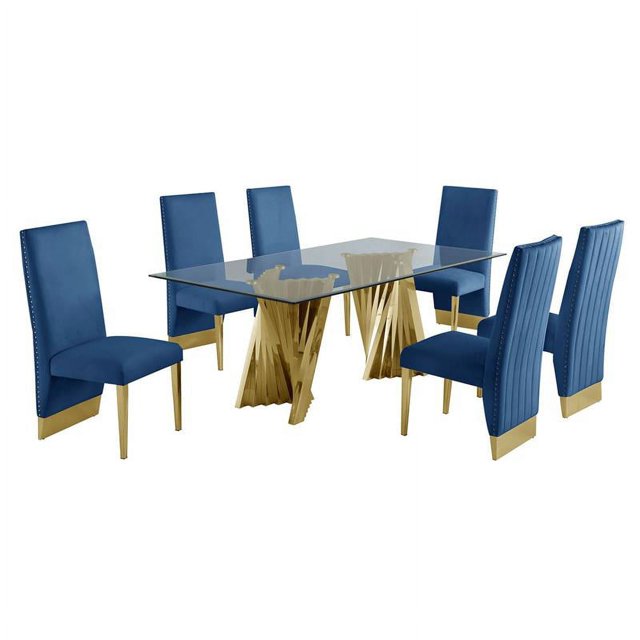 Clear Glass Dining Set with Table and 6 Navy Blue Velvet Chairs