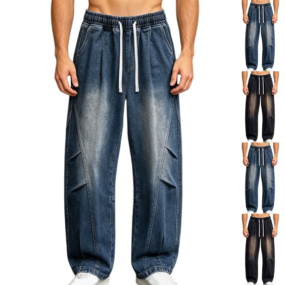 Tqyyweavej Mens Baggy Jeans Wide Leg Streetwear Flex Loose Fit Curved Denim Pants Drawstring Vintage Casual Washed Jeans with Pockets