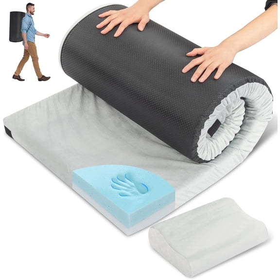 WJSP Sleeping Pad Gray 75"L x 25"W x 3"Th Memory Foam Camping Mattress w/Pillow Portable for Tent Cot Car