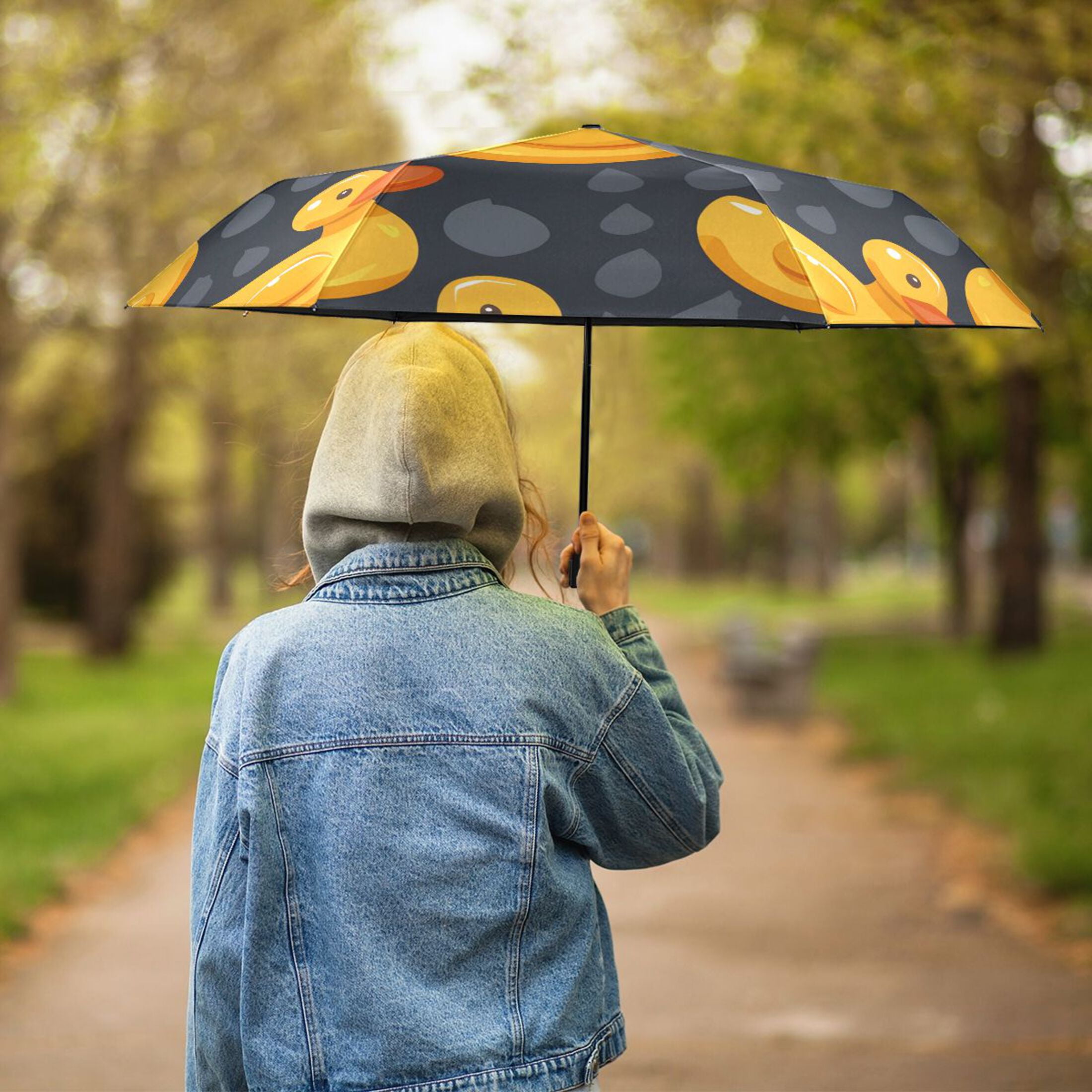 Cute Rubber Yellow Ducks All Weather Umbrella Triple Folding Parasol 6 Ribs UV Protection Portable