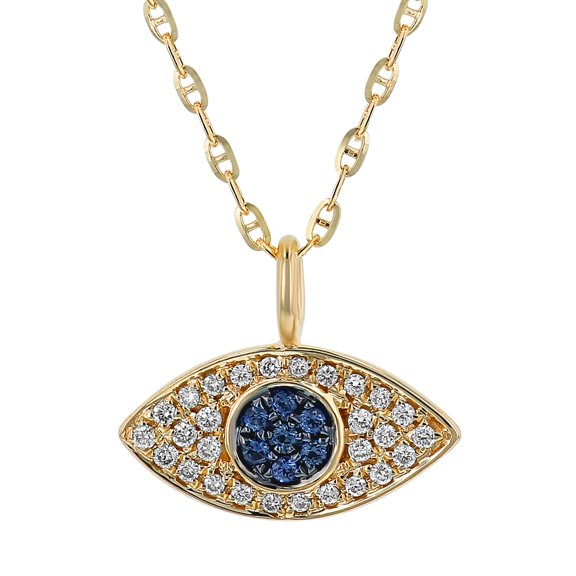 14K Yellow Gold Diamond and Blue Sapphire Evil Eye Charm Necklace by Hollywood Hills Jewelers
