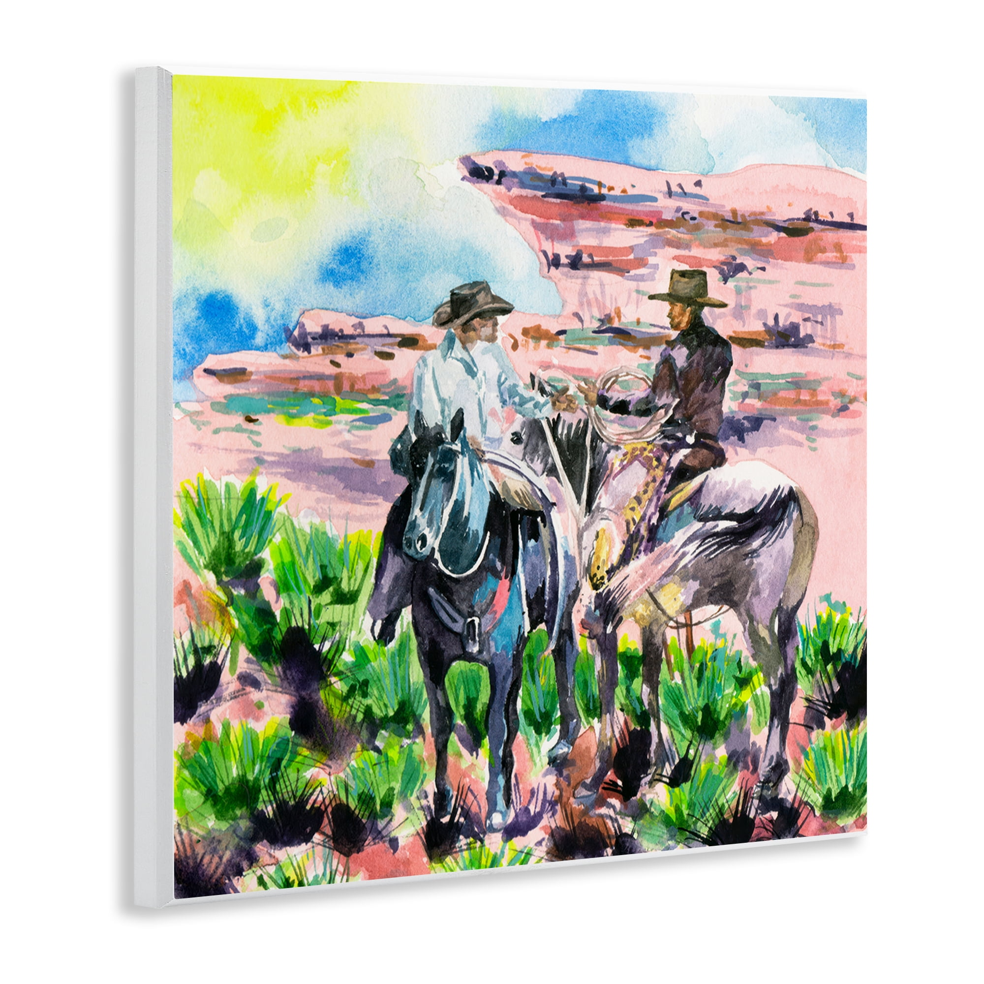 Stupell Industries Sunny Canyon Cowboys Animals Painting Unframed Art Print Wall Art, 12 x 12
