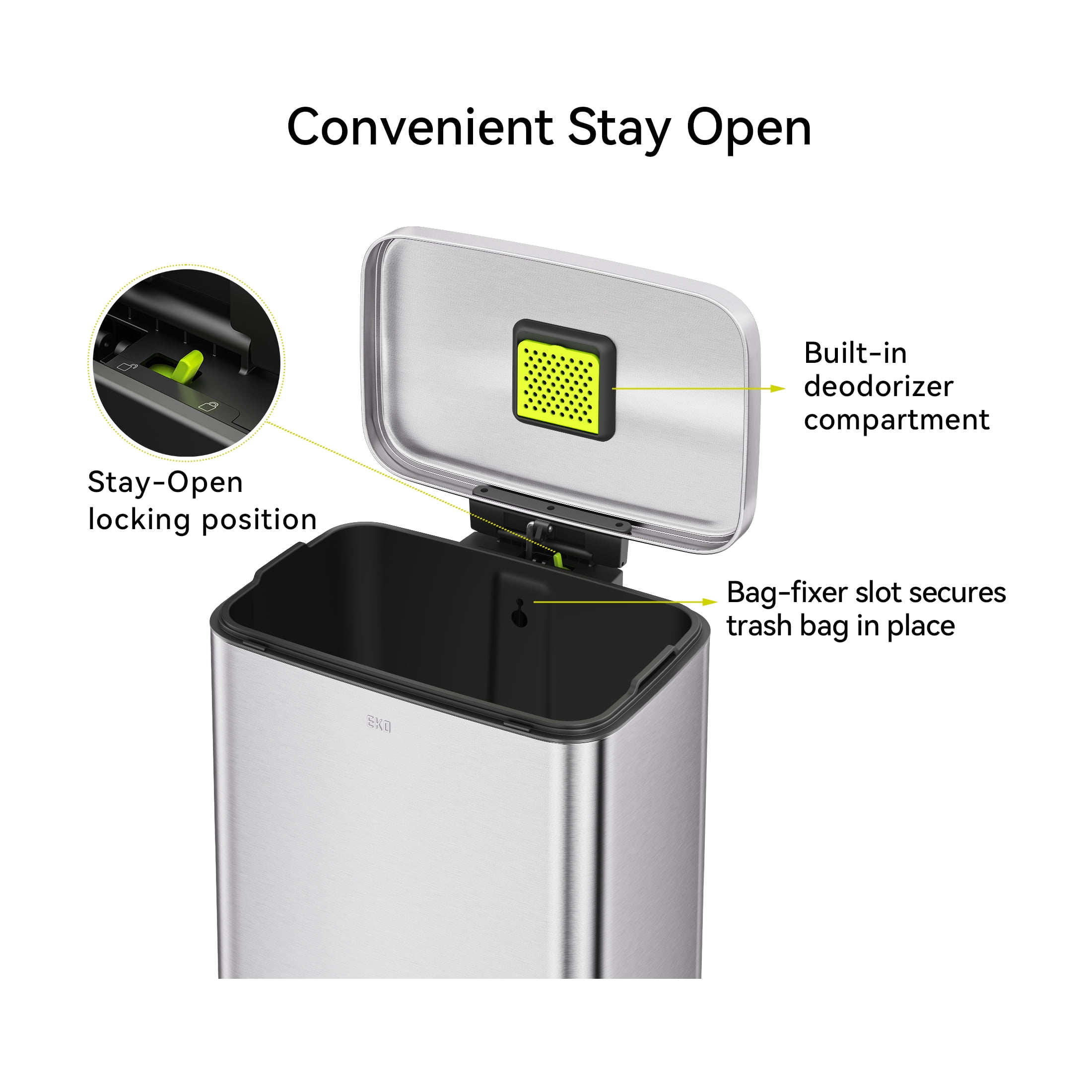 EKO Maxwell Kitchen Trash Can, 13.2 Gallon Brushed Stainless Steel Step Garbage Bin with Soft Close Lid, Silver with Sample Trash Bags Included