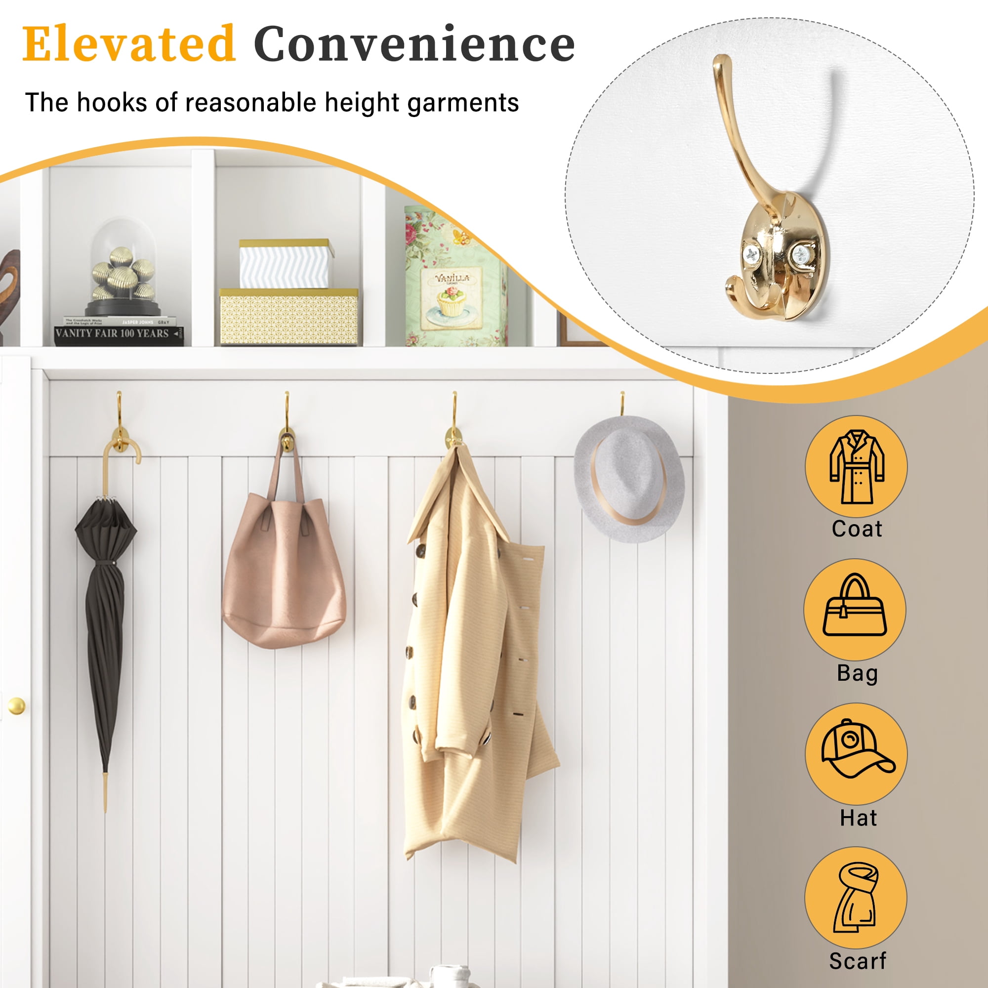 HOQBN 79"H Entryway Hall Tree with 5 Coat Hooks,Shoe Bench & 5 Drawer Storage Cabinet, All-in-One Storage Organizer Coat Rack for Hallway, Living Room,White