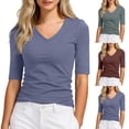 thumbnail image 4 of Women's Plain Basic Elbow Length Sleeves V Neck Top Fitted Shirt, 4 of 6