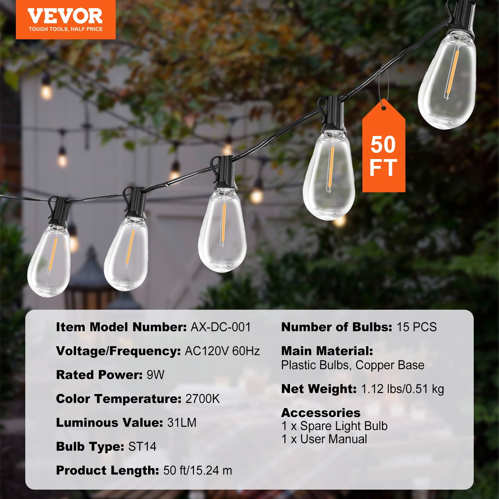 VEVOR LED Outdoor String Lights, 50FT, 2700K Dimmable Outside Patio Lights with 15 S14 Shatterproof Bulbs E12 Socket Base, Waterproof Hanging Lights for Porch Backyard Balcony Deck Party Decor