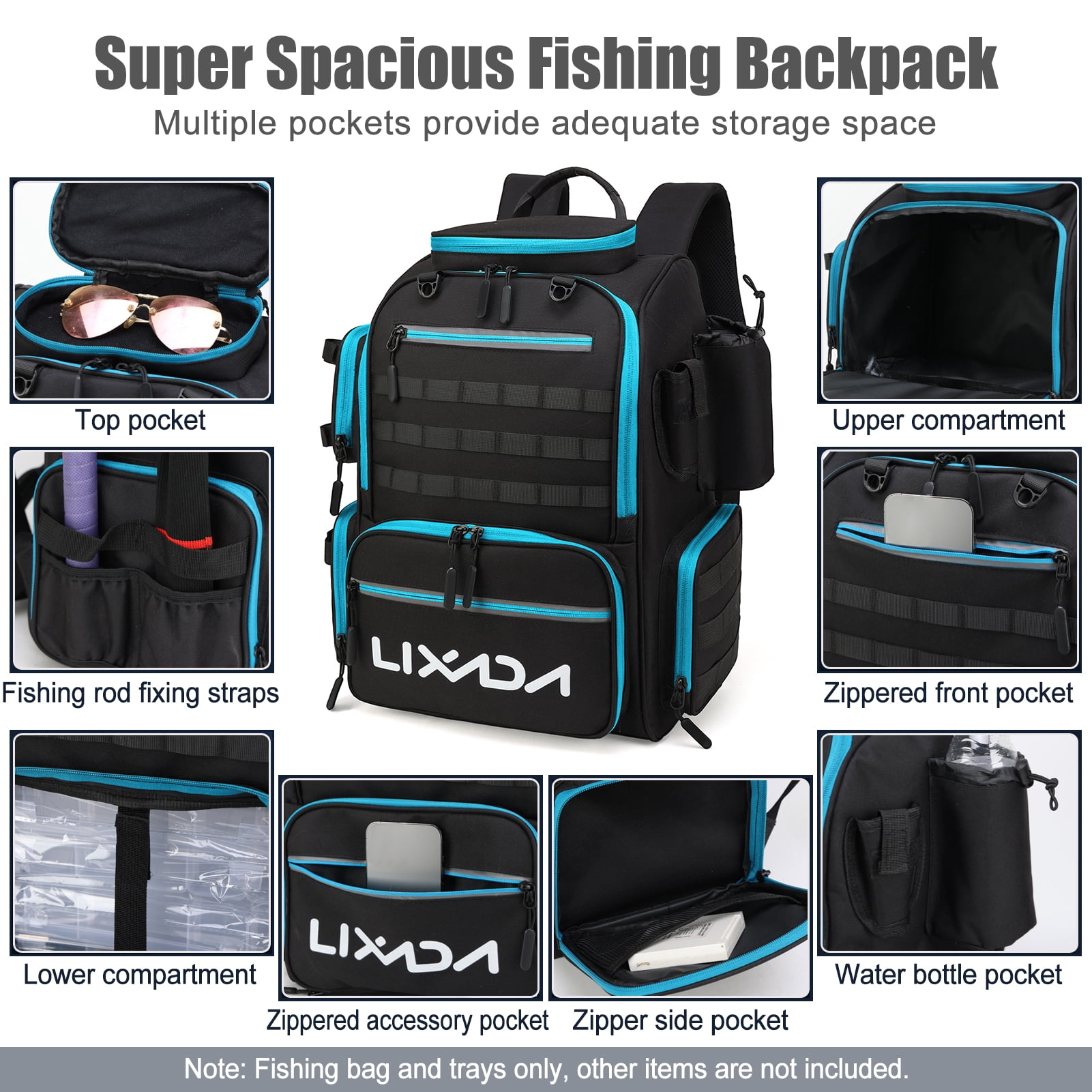 Eccomum Fishing Tackle Backpack with 4 Trays Large Tackle Storage Bag with Rain Cover Outdoor Shoulder Backpack Water-Resistant Fishing Gear Bag