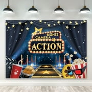 Hollywood - Movie Theme Backdrop Movie Night Cinema Happy Birthday Party Polyester Fabric Gold Stars Lights Awards Film Ceremony Dress-up Banner Festival Studio Photo Shoot