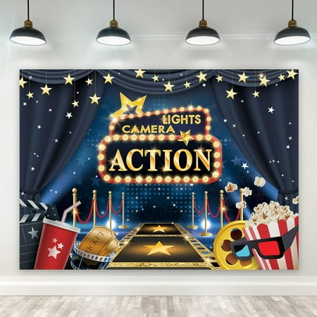 Hollywood - Movie Theme Backdrop Movie Night Cinema Happy Birthday Party Polyester Fabric Gold Stars Lights Awards Film Ceremony Dress-up Banner Festival Studio Photo Shoot