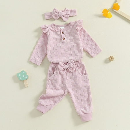 

Geire Baby Homewear Outfits for Spring Summer Wear Sweet Solid Button Round Neck Long-sleeved Ruffled Top & Pants Bow Decor & Hairband Size 3-18 Months