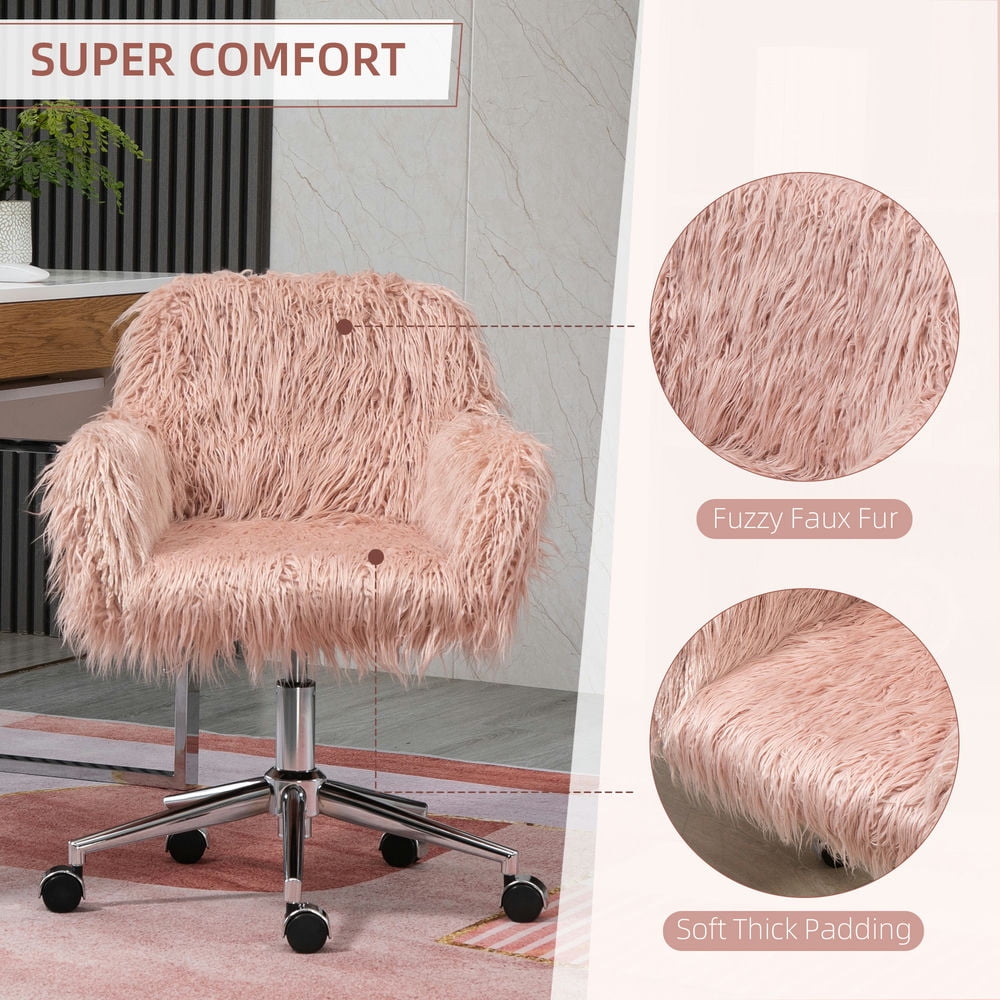 Demi Bonn Faux Fur Home Office Chair, Height Adjustable 360 Degree Swivel Rolling Desk Chair with Arms and Wheels, Pink