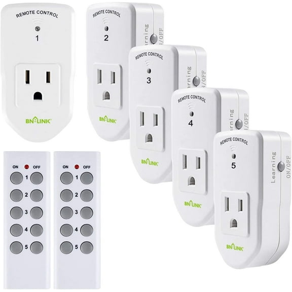 BN-LINK Wireless Remote Control Outlet with Extra Long Range, for Household Appliances, White (2 Remotes   5 Outlets)