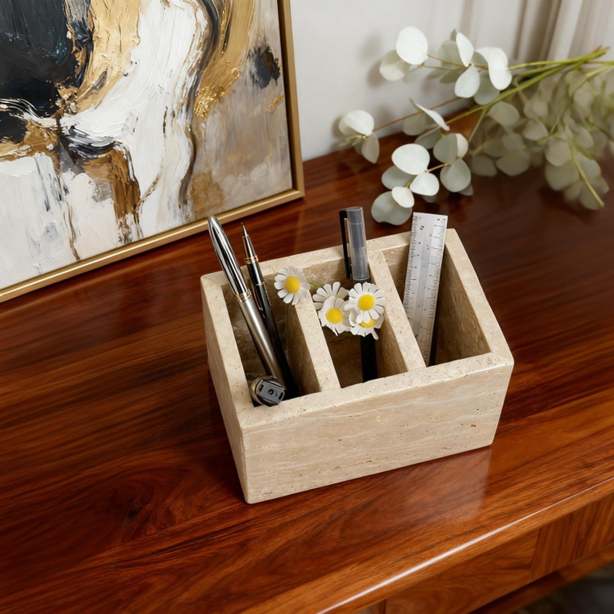 Natural Travertine Marble Organizer - Multi-Purpose Pencil Pen Holder, Bathroom Makeup Brush Storage, Office Desktop Stationary Caddy