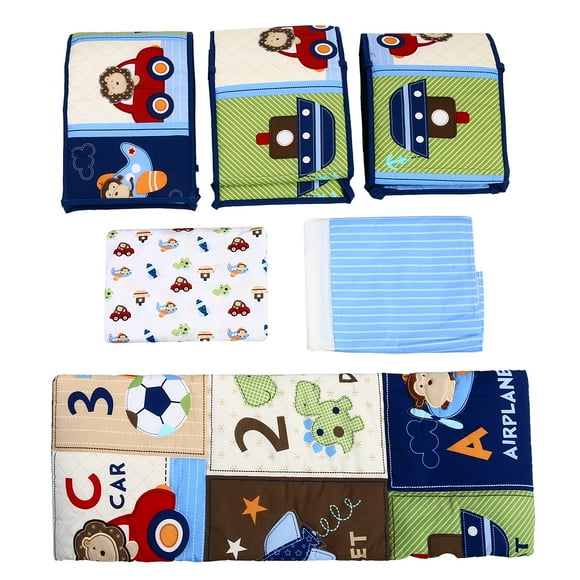 7 Piece Blue Baby Boy Bedding Crib Cot Set Nursery Quilt Bumper Sheet Blanket Cover - Car Airplane Pattern