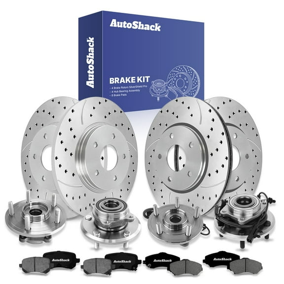 AutoShack Front Vented & Rear Solid Drilled Slotted Silver Zinc Coated Brake Rotor   Premium Ceramic Pad   Hub Bearing Assembly 16-PC Kit Replacement for 2009-2011 Dodge Journey SilverShield Pro