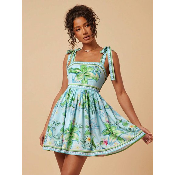 Green Floral Print Square Neck Tie-Shoulder Ruched Mini Dress For Women