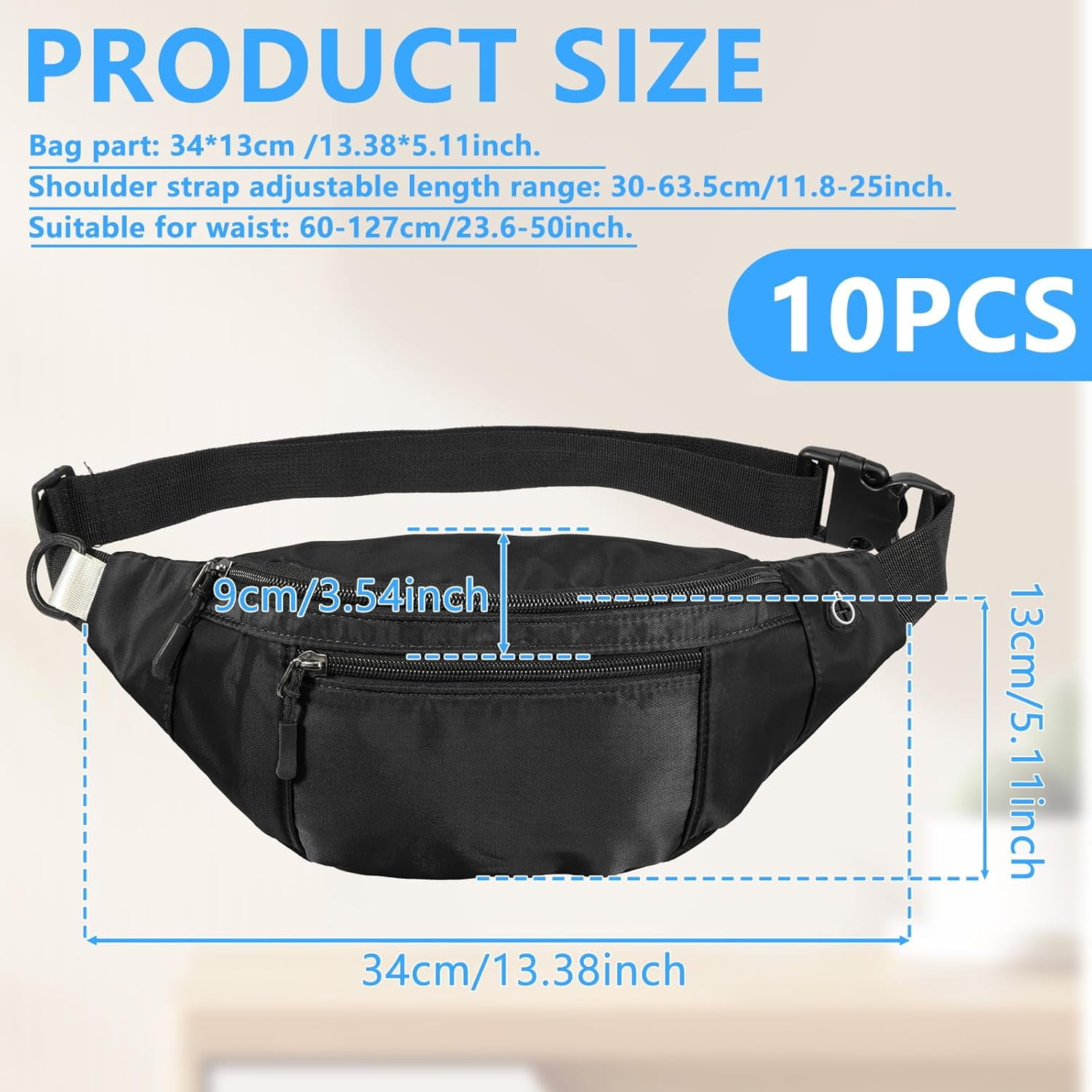 Kwuty 10PCS Crossbody Fanny Pack Large Capacity Waist Bag with Hidden Zipper Pockets Adjustable Strap Fanny Packs Waterproof Oxford Cloth Travel Belt Bag for Outdoor Shopping Travel Men Women,Black