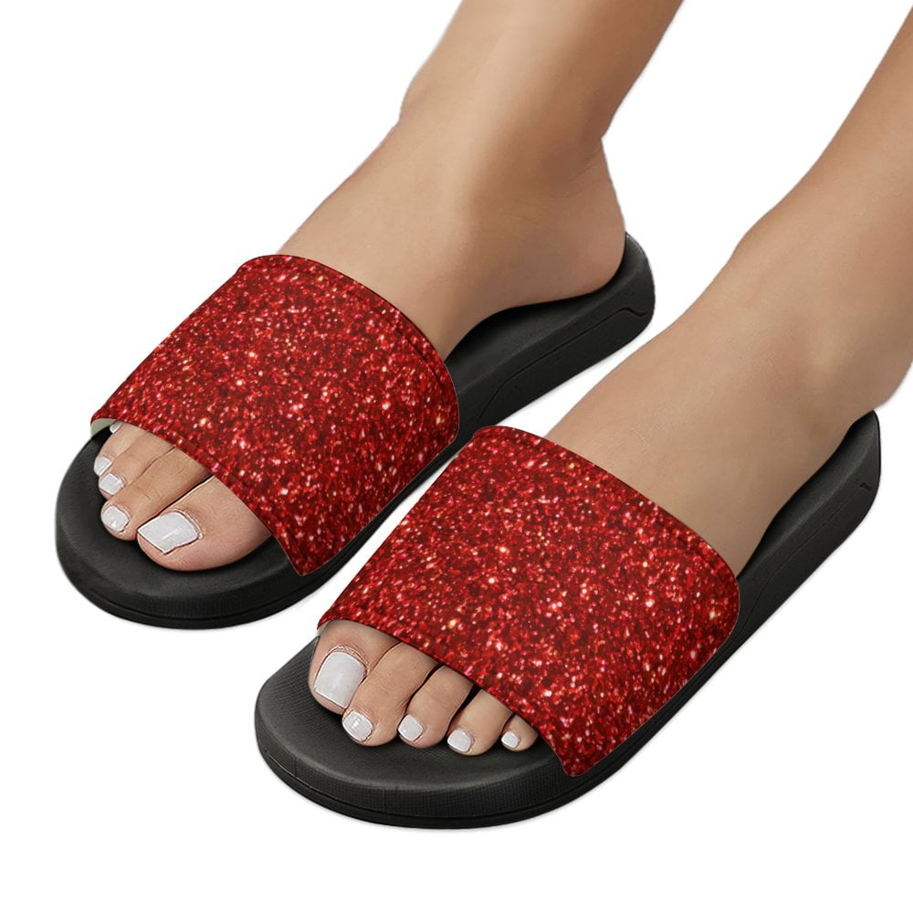 GZHJMY Stylish Slides for Women Men, Red Glitter Soft Flexible