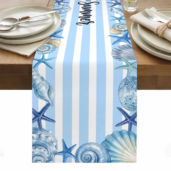 Coastal Seashell Table Runner Summer Ocean Starfish Conch Blue Stripes Tablerunners 13 x 48 Inch, Table Decorations Tabletop Scarf for Summer Gathering Holiday Farmhouse Kitchen Dining Decor