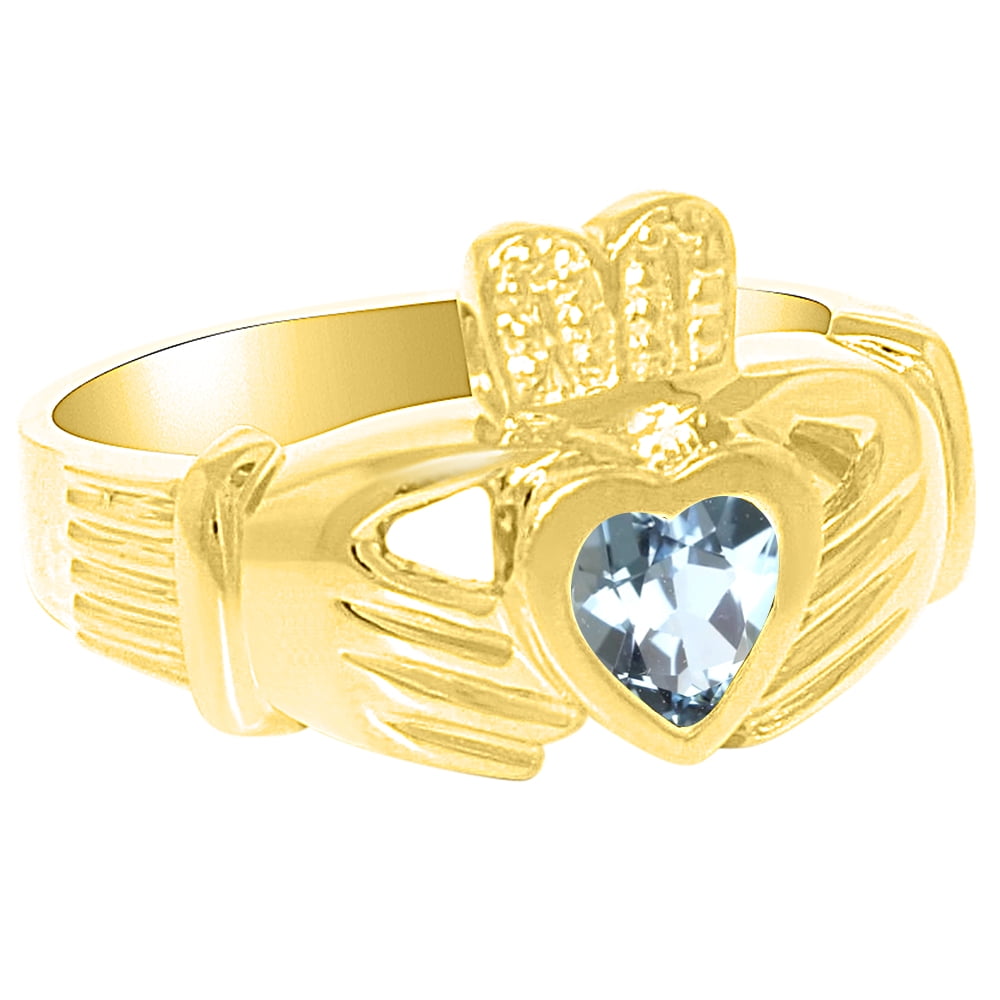 Unisex His or Hers Simulated Aquamarine Claddah Ring Love, Loyalty & Friendship Ring 14K Yellow Gold or 14K White by Elie Int.