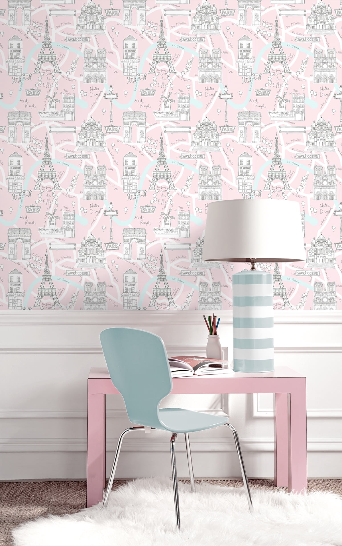NextWall  Paris Scene Peel and Stick Wallpaper 20.5 in. W x 18 ft. L - Pale Pink