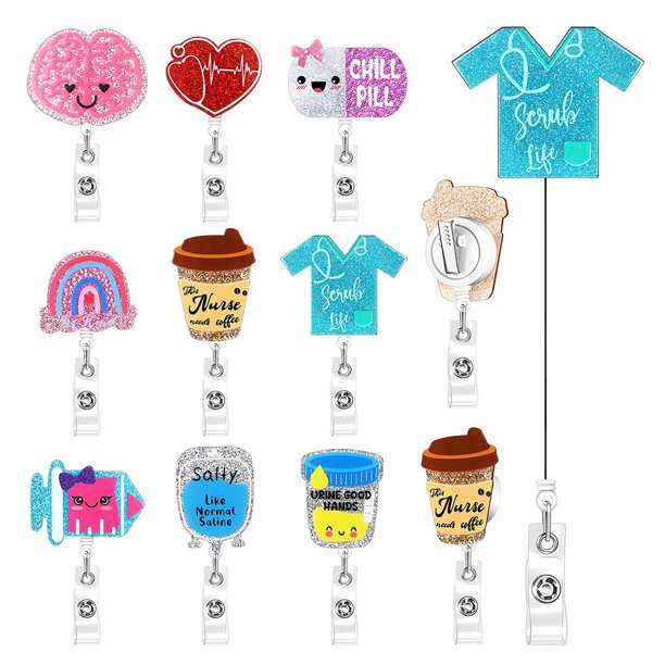 Carrete de insignia de parche de brillo acrílico para médico y enfermera de 9 piezas con clip retráctil, regalo para estudiantes, soporte para insignia de identificación retráctil, soporte para insign