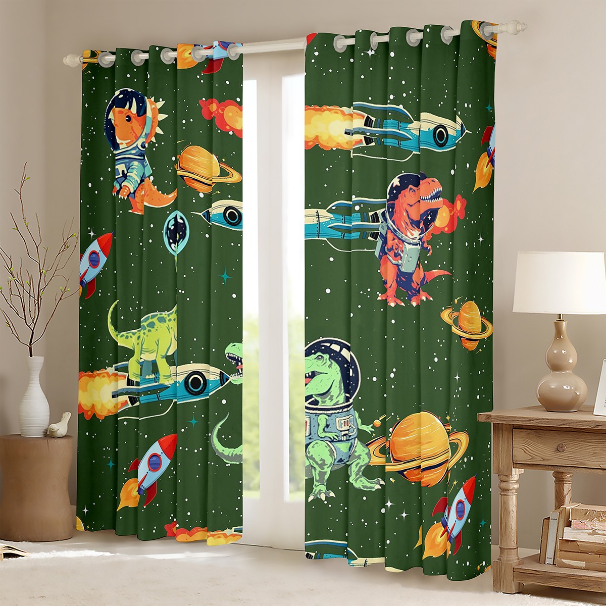 Feelyou Cute Green Dinosaur Curtains Pack of 2 (42x84 Each) for Child, Outer Space Curtains Blackout, Kawaii Animal Astronaut Bedroom Curtains, Living Room Curtains Decor