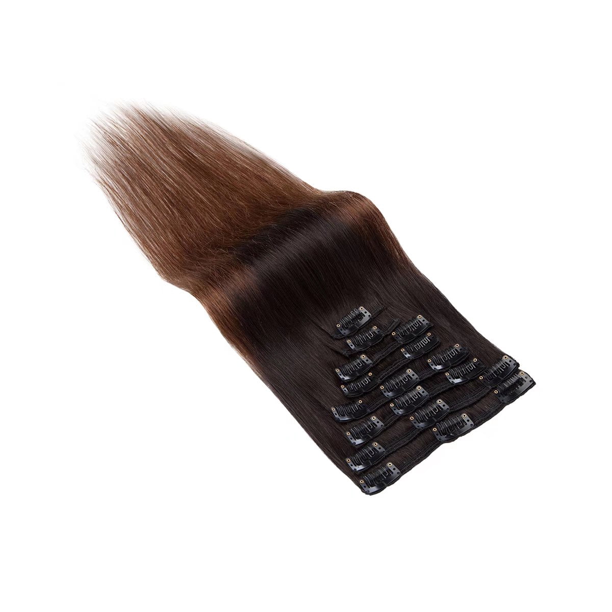 MY-LADY Ombre Clip in 100% Remy Human Hair Extensions 8Pcs Full Head Weft Highligh Hairpiece Long Straight #1BT4 Black Brown to Medium Brown 16inch