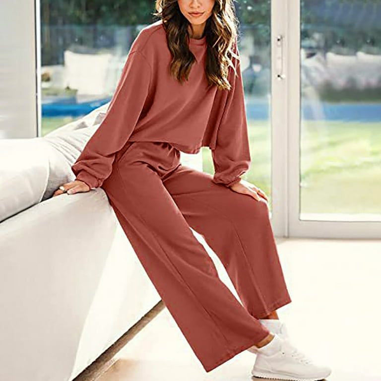 Women Casual Two Piece Outfits Long Sleeves Crewneck Pullover Tops Loose  Fit Wide Leg Pants Lounge Sets Soft Comfy Loungewear Sets