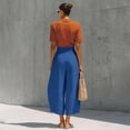thumbnail image 4 of VEKDONE Womens Palazzo Pants Summer Cotton Baggy Ankle Pants Casual Elastic High Waist Wide Leg Pants with Pockets Blue L, 4 of 7