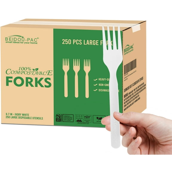 BEIDOU-PAC 250 Count Compostable Disposable Non Plastic Forks, Large Heavy Duty Biodegradable Utensils, Eco Friendly Durable Sturdy Recyclable Forks Flatware Silverware for Party Wedding Daily Use