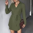 thumbnail image 2 of Fall Dresses for Women Casual V Neck Solid Color Long Sleeve Dress Loose Tie Waist Irregular Hem Swing Mini Dress, 2 of 8