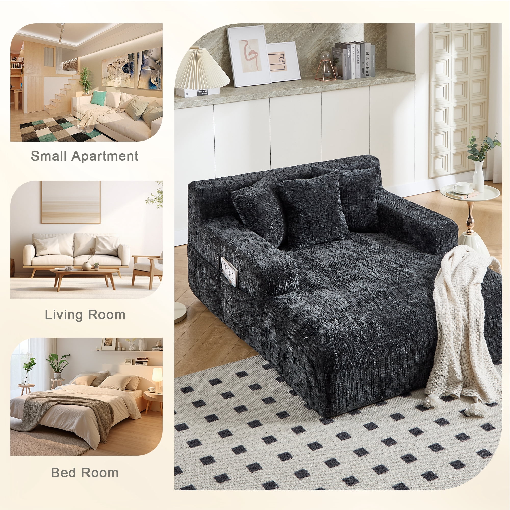 MOONMISS Oversized Chaise Lounge Chair Indoor Furniture, No Assembly Required, Plush Chenille Cloud Floor Sofa Bed for Living Room,Black