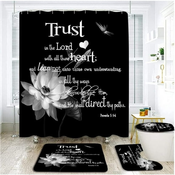 4 Piece Black Lotus Shower Curtain Sets with Rugs, Toilet Lid Cover, Asia Blooming Floral Inspirational Quotes Waterlily Dragonfly Vintage Fashion Morden Bathroom Shower Curtain with Hook