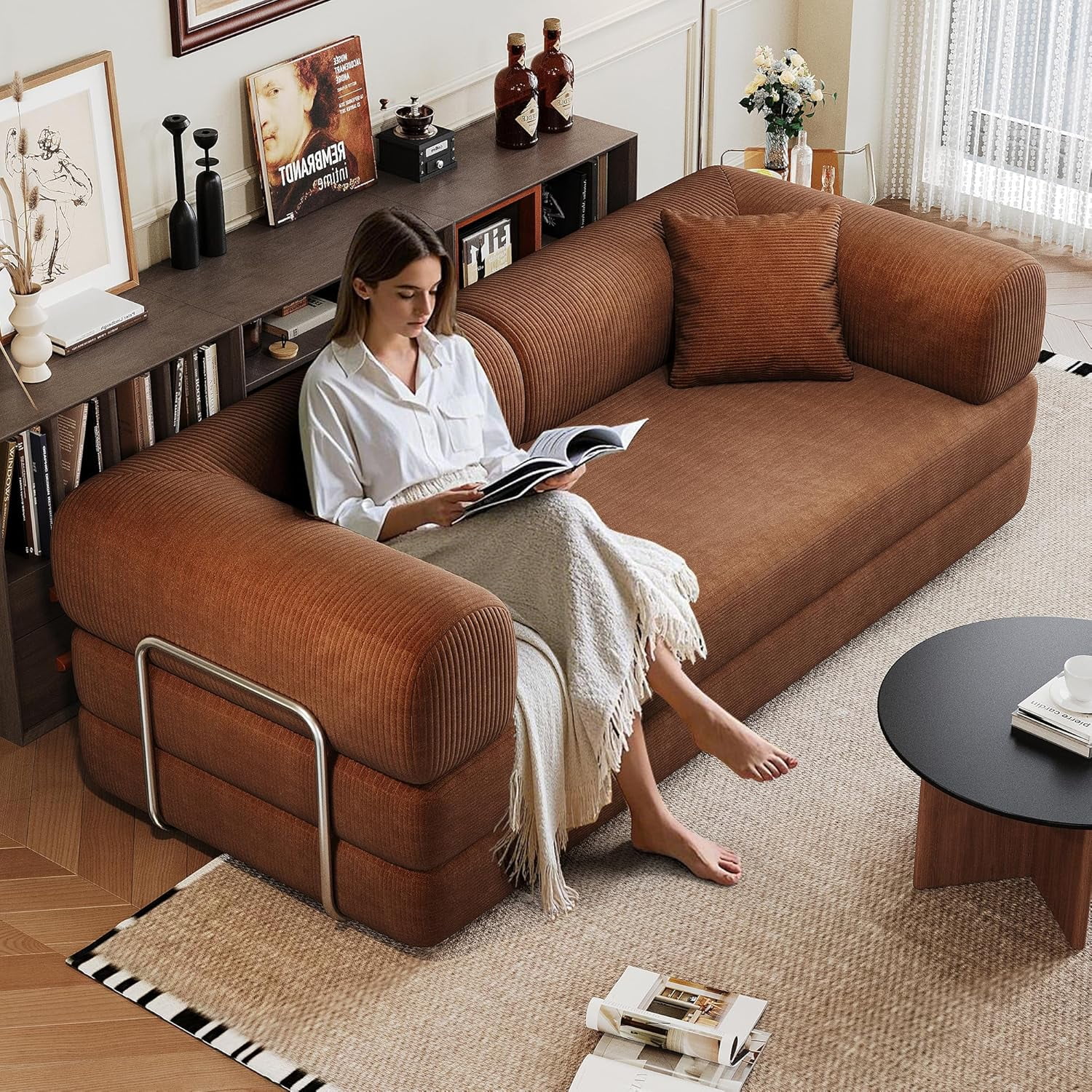 Howcool 79" Convertible Sofa Bed, Corduroy Folding Pull Out Couch with Pillows, Boneless Compression Sofa in a Box, Floor Sofa with Support Rods for Living Room,Brown