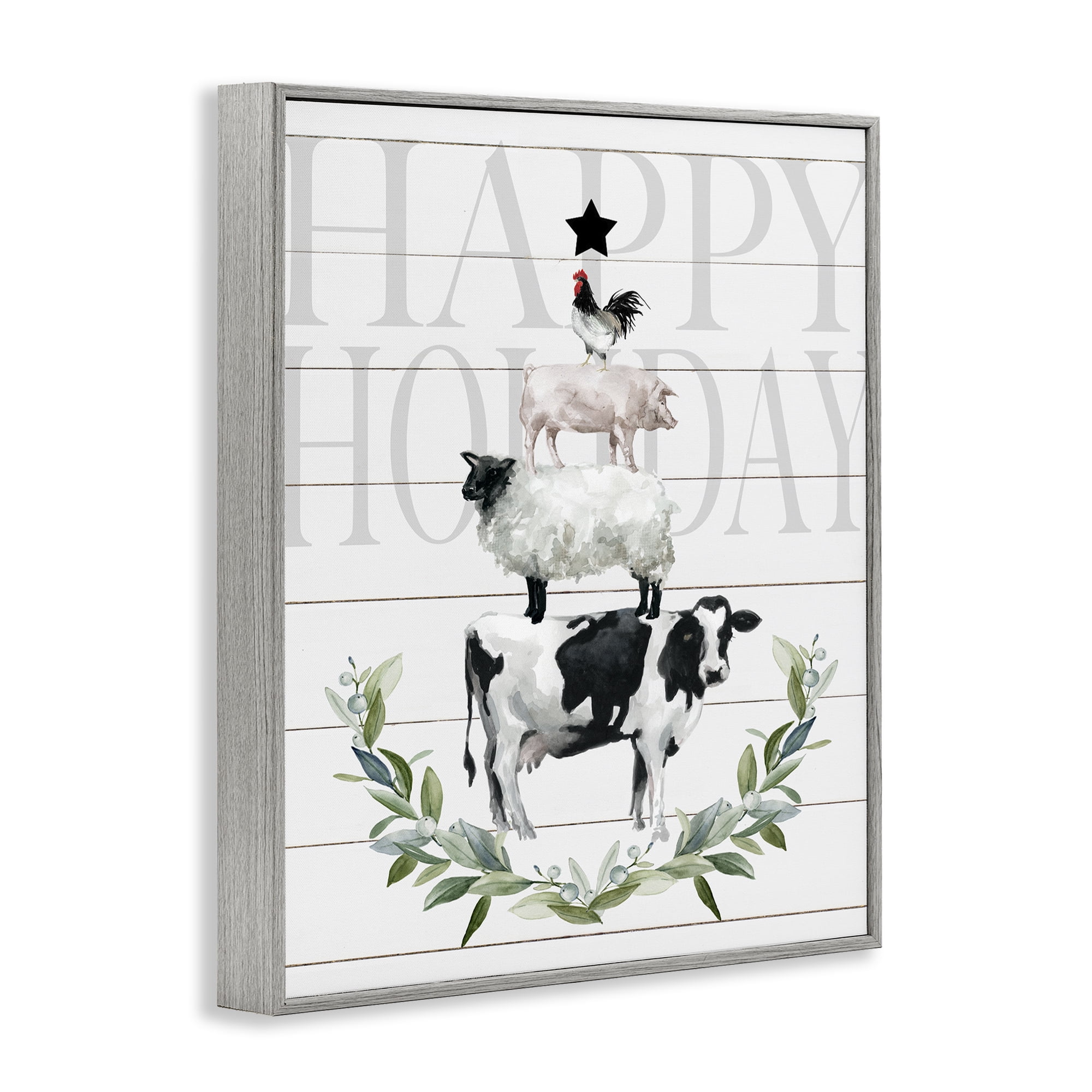Stupell Industries Happy Holiday Farm Animals Holiday Painting Gray Framed Art Prints Wall Art, 24 x 30