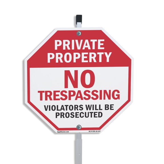 Private Property No Trespassing Violators Will Be Prosecuted 10 inch X 10 inch Octagon Plastic Sign with Aluminum Mounting Stake Weather Resistant UV Protected for Workplace Made in the