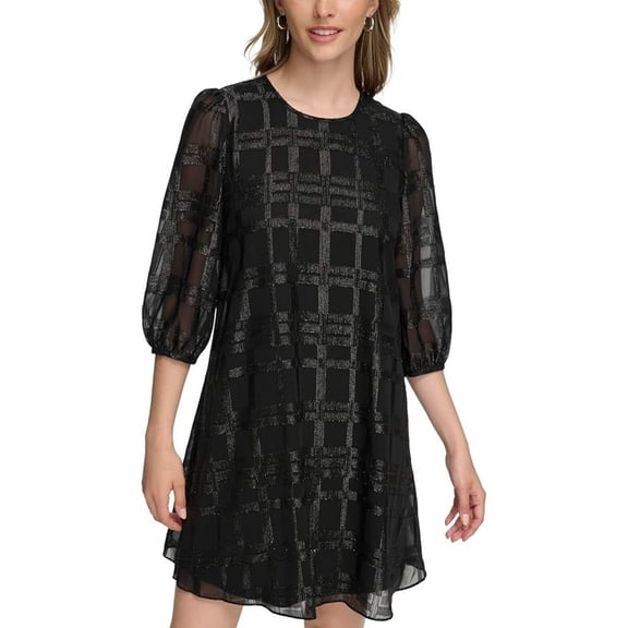 Calvin Klein Dress Women's 12 Black Glitter Chiffon Puff Sleeve A-Line BUU994