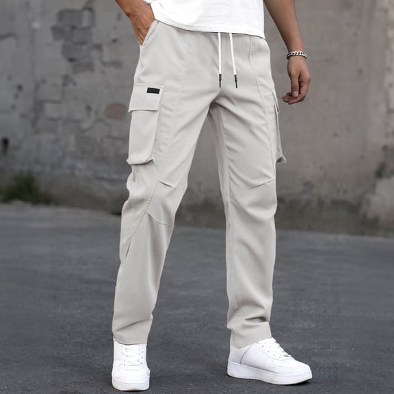 SGFCWSX Mens Cargo Pants Elastic Waist Drawstring Multi Pockets Stretch Lightweight Straight Leg Casual Athletic Outdoor Work Pants Beige Size 2XL