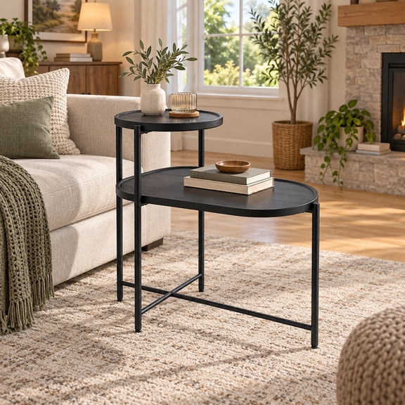 Homy Casa Black Round Coffee Table 2 Tier Storage Tray Wooden Small Side End Table for Living Room Home Office