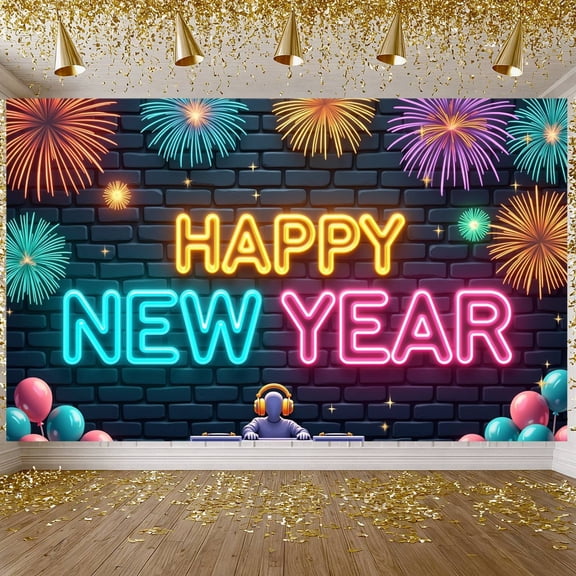 Neon Light Design Happy New Year Banner Firework Pattern New Year Display Colorful Balloons Brick Wall Background Celebration Backdrop for New Year Party Holiday Celebration Indoor Decoration